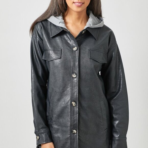 MYSTREE TWOFER HOODIE FAUX LEATHER JACKET - Picture 2 of 8